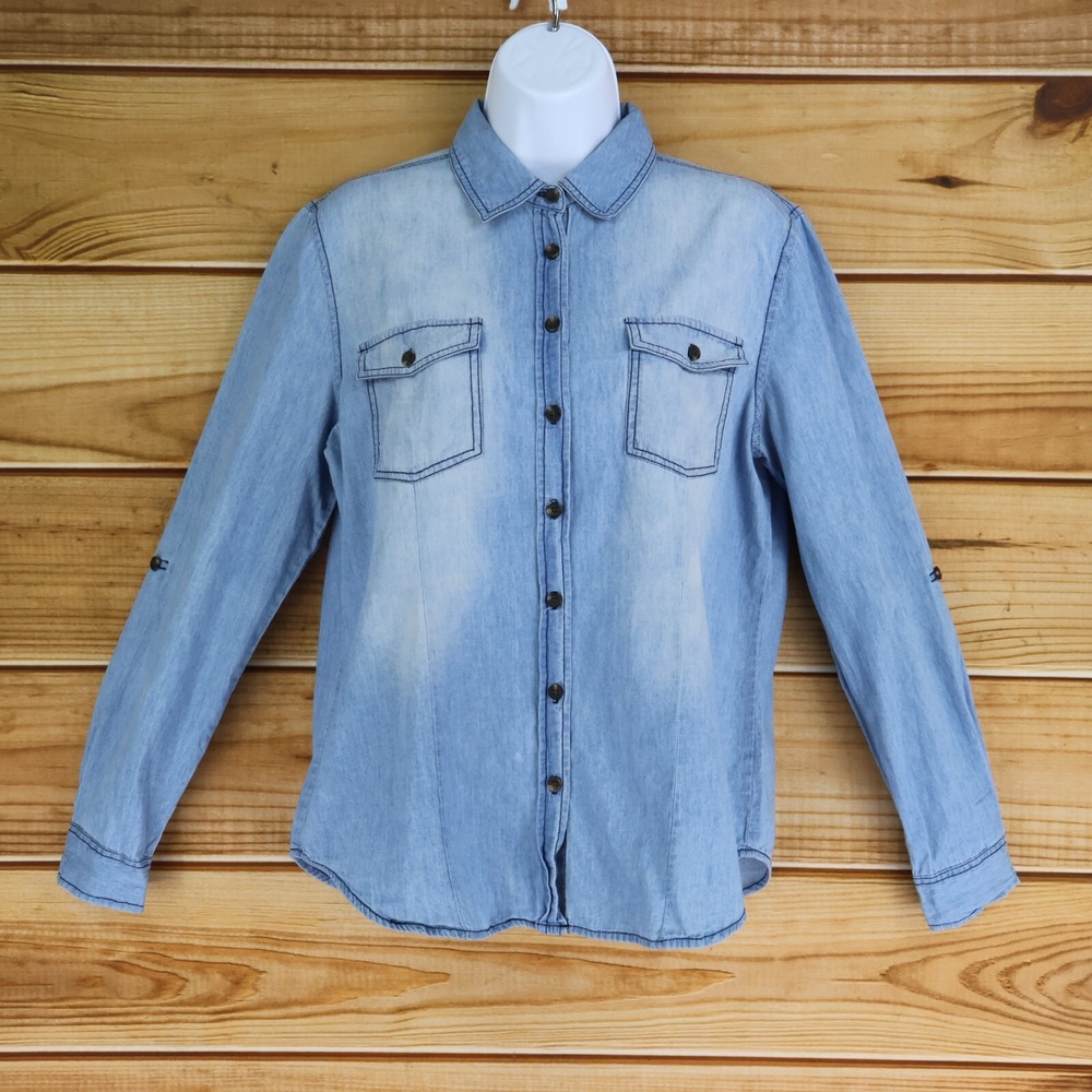 Love Potion Long Sleeve Button Up Shirt Womens Size S‎ Blue 100% Cotton Pockets